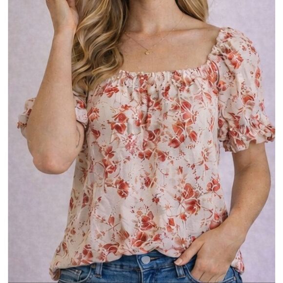 Jennifer & grace Tops - Jennifer & Grace orange floral eyelet puff sleeve top small